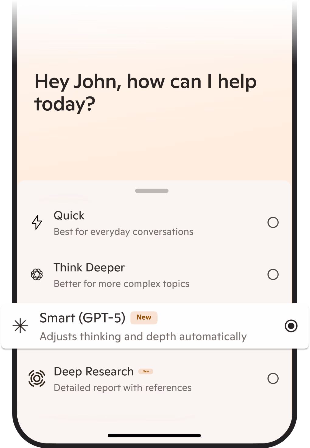 Microsoft Edge mobile app showing Copilot chat with GPT-5 Smart mode options on screen.