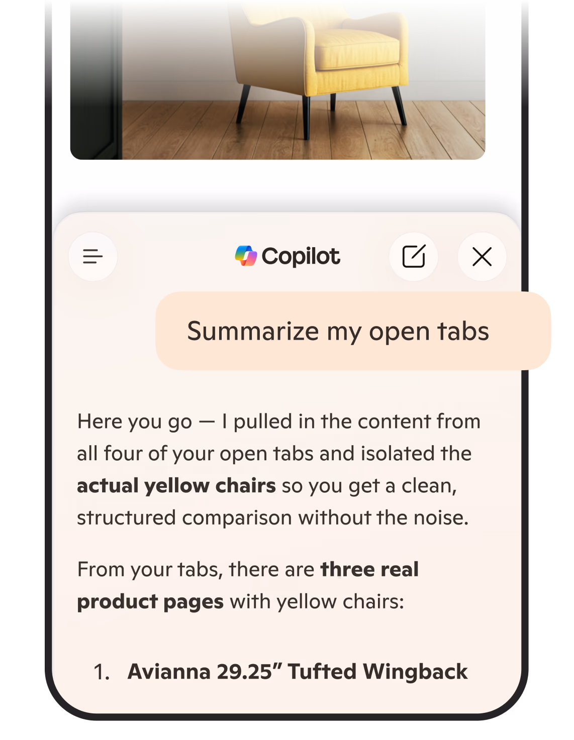 Microsoft Edge 行動應用程式顯示 Copilot 聊天,其中包含從文章產生的要點的頁面摘要。