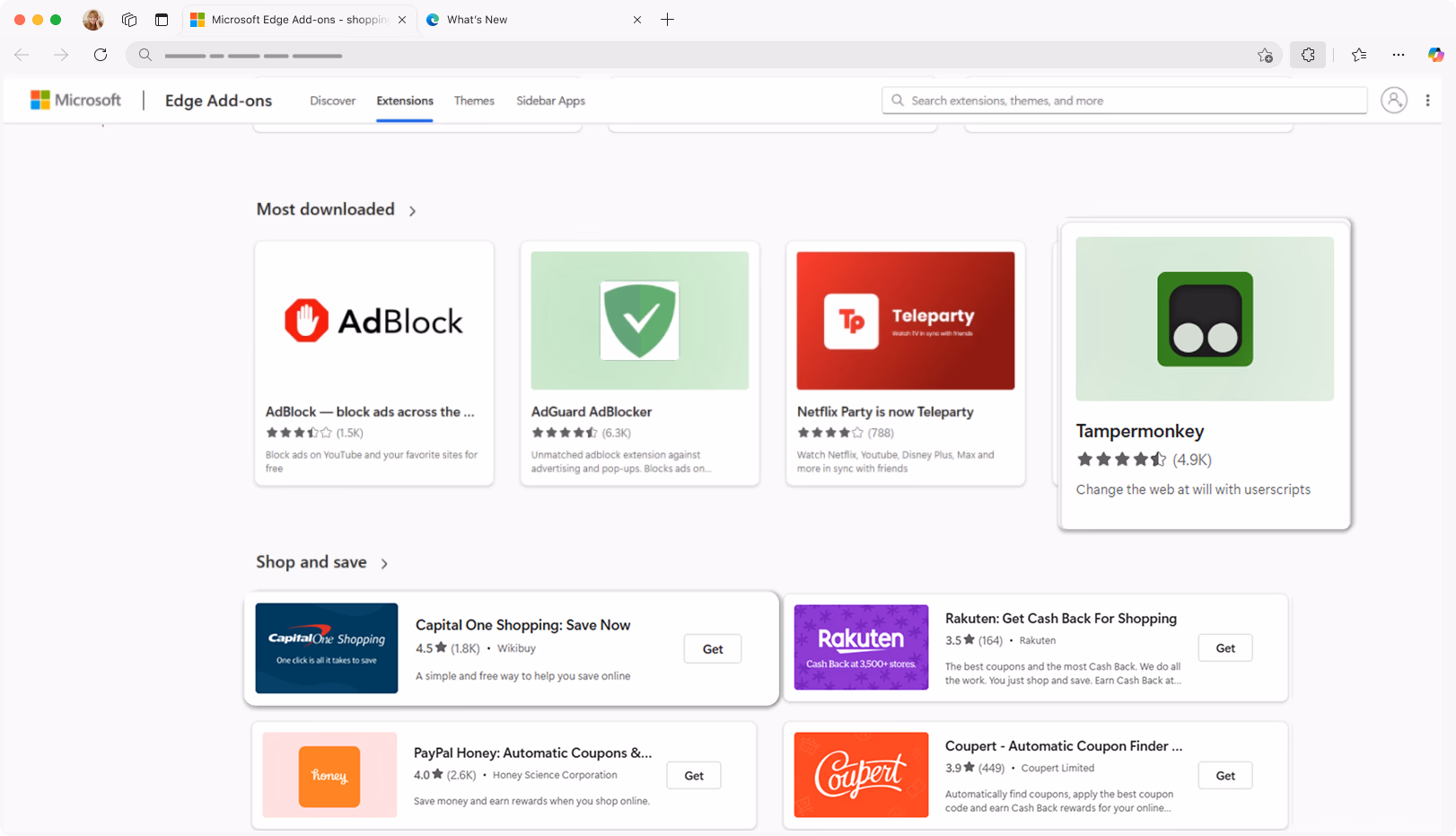 広告ブロッカー、Netflix Party、Tampermonkey、Honey や Rakuten などのショッピング ツールなど、人気のある拡張機能を示す Microsoft Edge アドオン ストアのスクリーンショット。