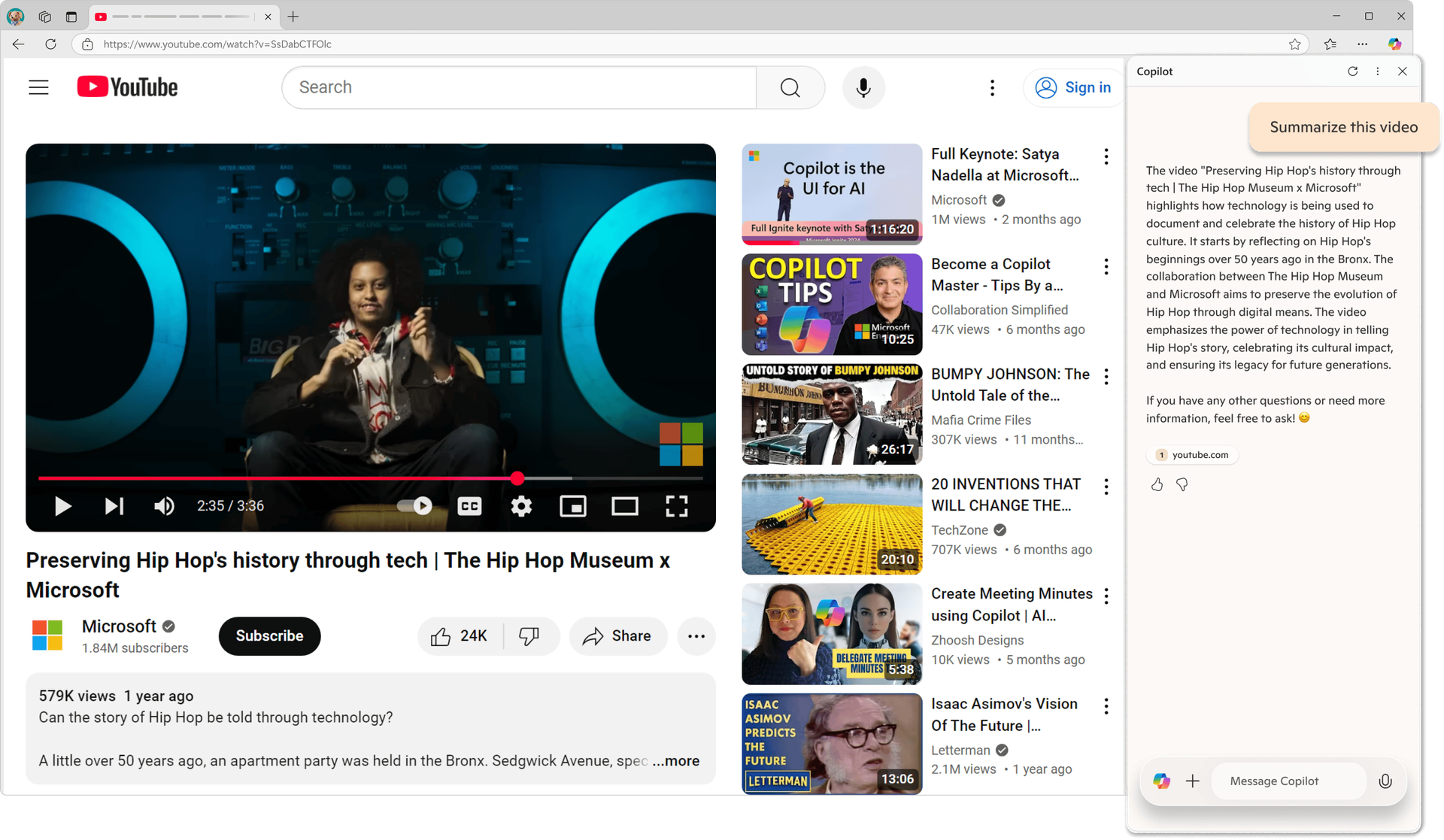 An image of Copilot open in sidepane summarizing a Youtube video that is open. 