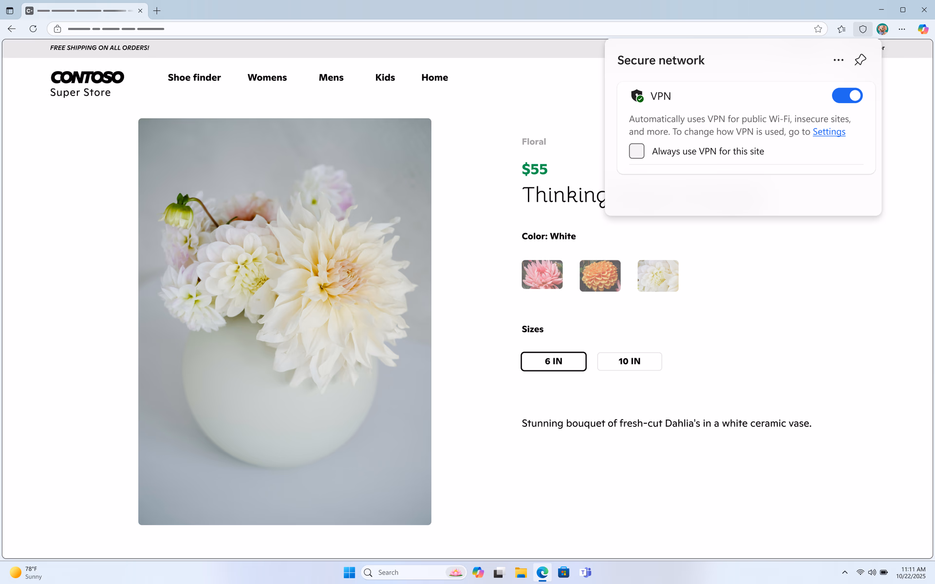 An image of Microsoft Edge Secure Network VPN enabled.