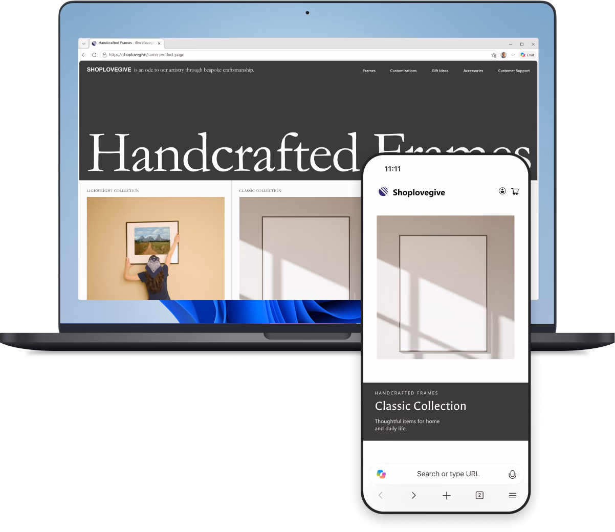 Mockup of a smartphone and laptop screen with Microsoft Edge open, for staying connected across all your devices.