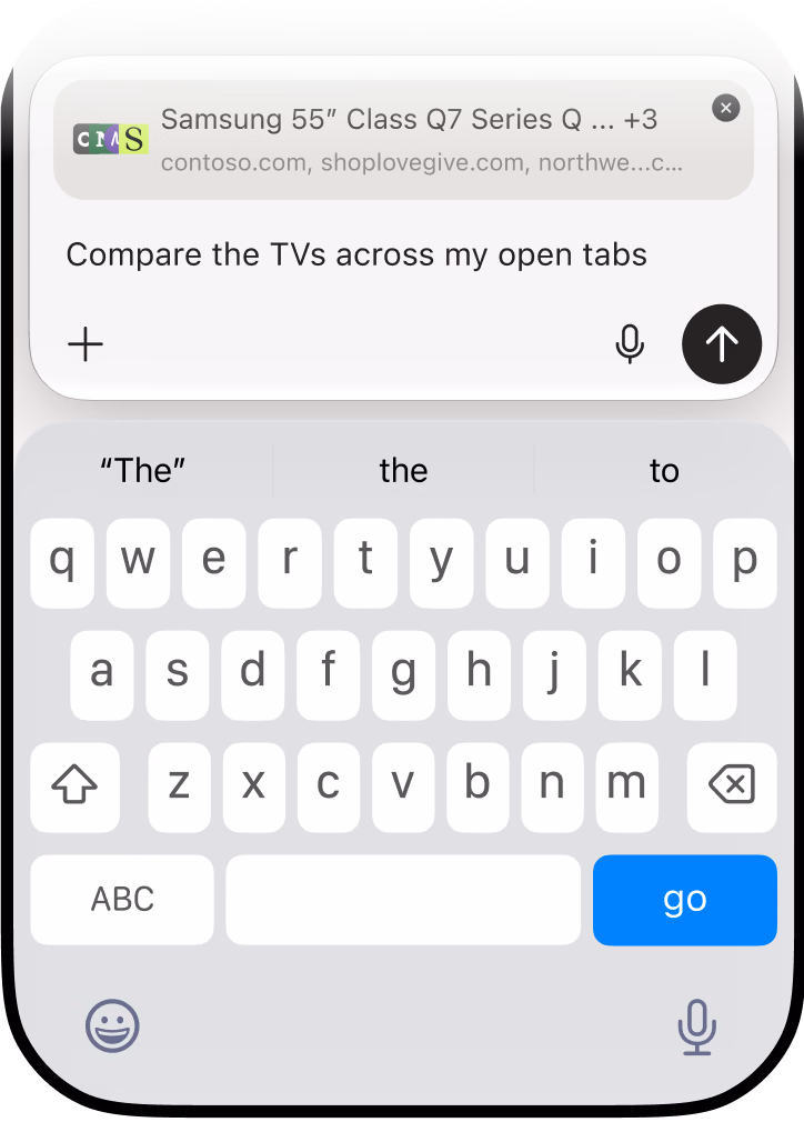Microsoft Edge mobile app showing Copilot chat comparing content across all open tabs.