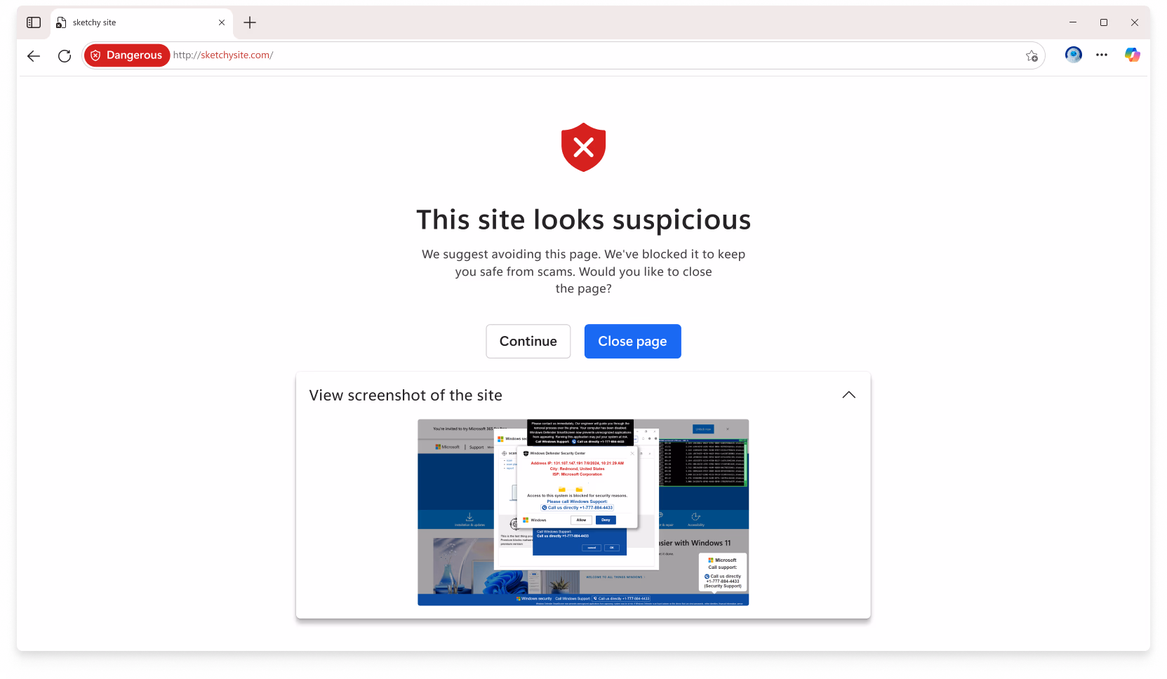 An image of Scareware blocker blocking a website in Microsoft Edge