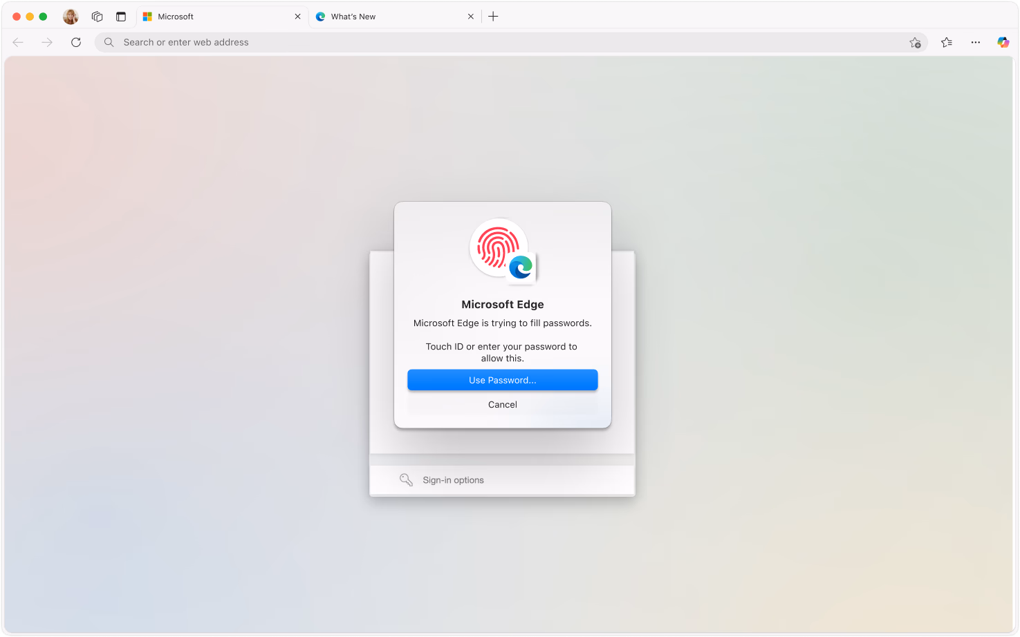 macOSのMicrosoftEdgeポップアップウィンドウで、サイトログインに保存されているパスワードを背景をぼかして入力するようにユーザーに促します。