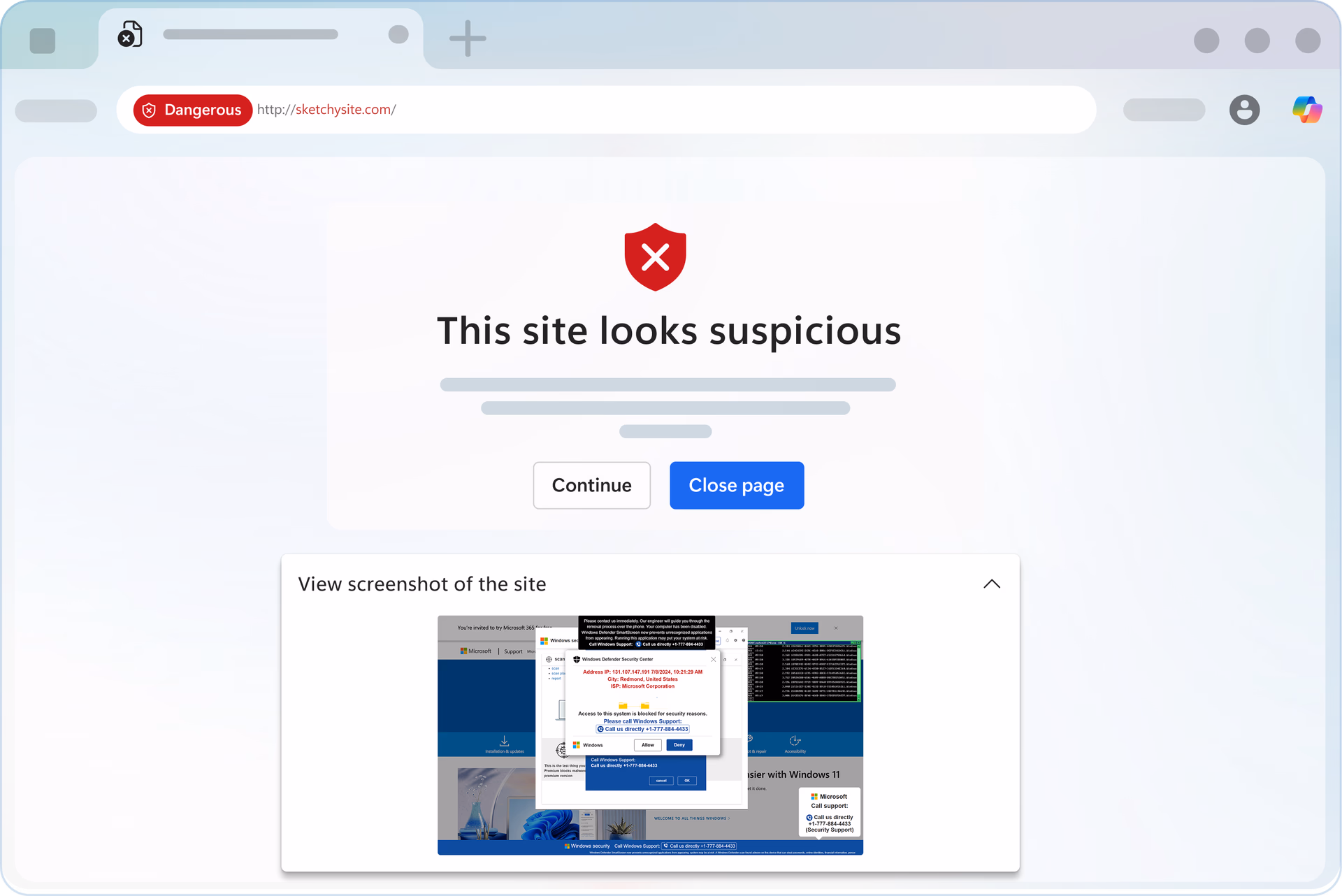 An image of Scareware blocker blocking a website in Microsoft Edge
