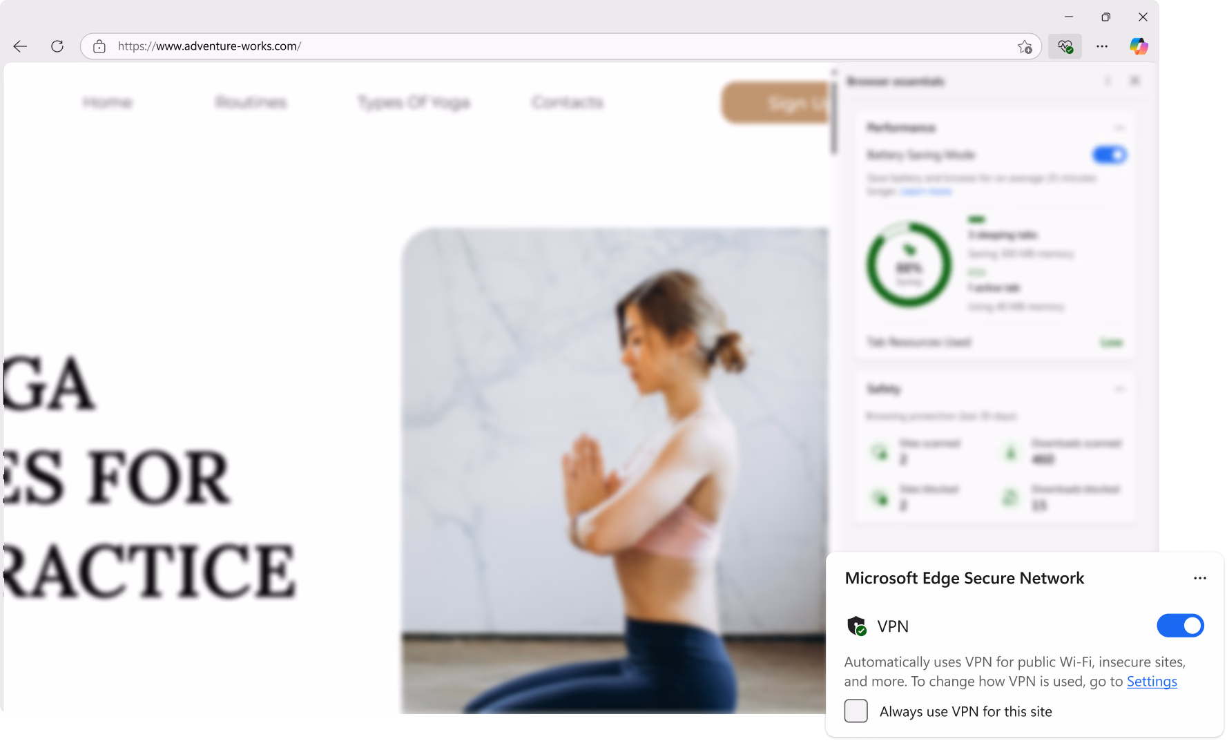 An image of Microsoft Edge Secure Network VPN enabled.