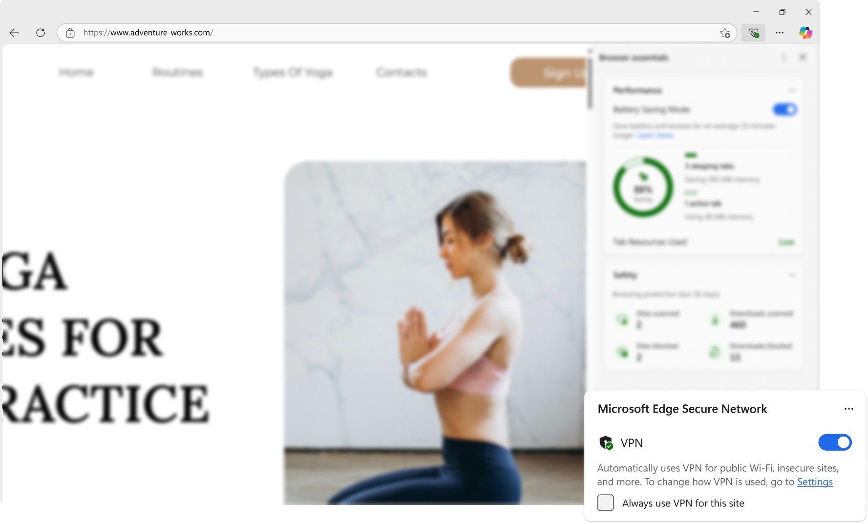 An image of Microsoft Edge Secure Network VPN enabled.