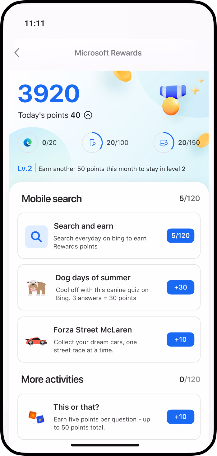 Edge Mobile で Bing を使用して閲覧するための Microsoft Rewards プログラムを宣伝するモバイル画面のモックアップ。