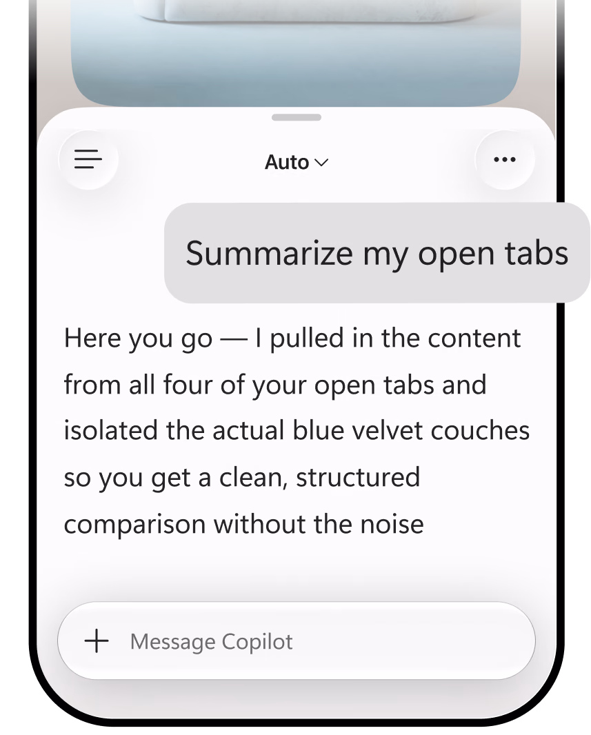 Microsoft Edge mobile app showing Copilot chat with a page summary of key points generated from an article.