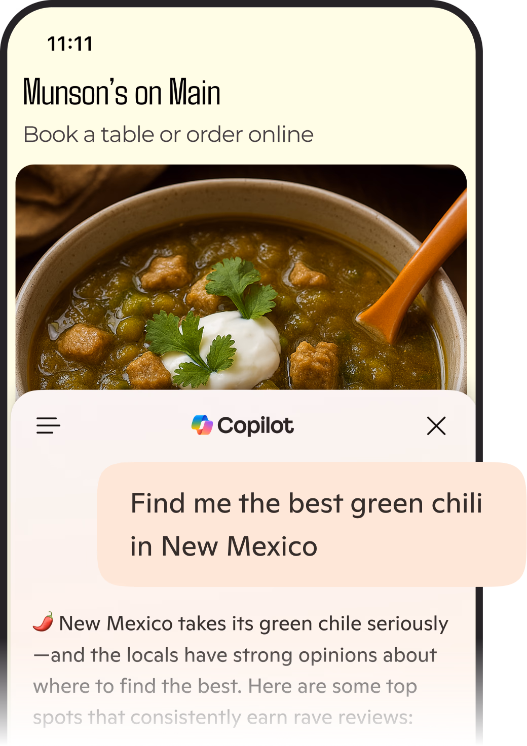 Microsoft Edge mobile app showing Copilot chat where a user asks for help finding places to eat.