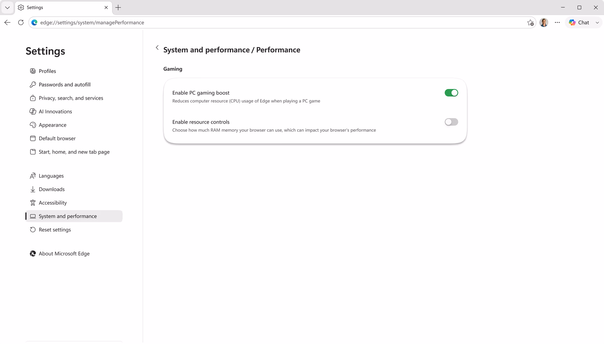 Microsoft Edge settings screen showing the PC gaming boost option turned on.