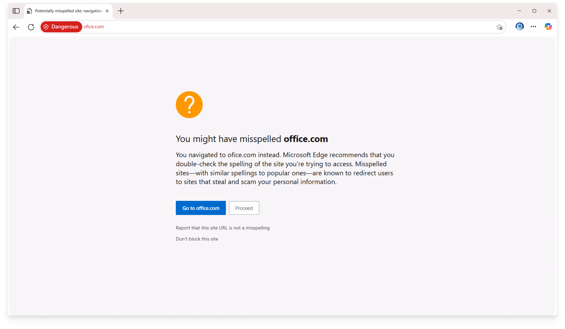 Microsoft Edge Website Typo Protection feature alerting users to a potentially deceptive URL “ofice.com” with a warning label and options to navigate safely to the correct site “office.com”.