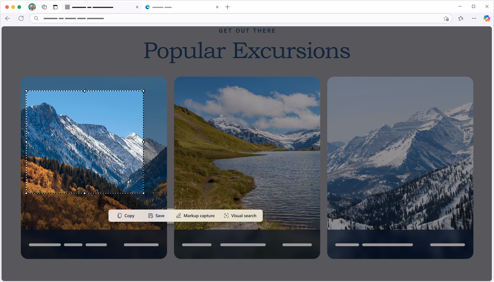 旅行Webサイト上の画像の一部を選択している、使用中のMicrosoftEdgeスクリーンショットツール。フローティングツールバーには、「コピー」、「保存」、「マークアップキャプチャ」などのオプションが表示されます。