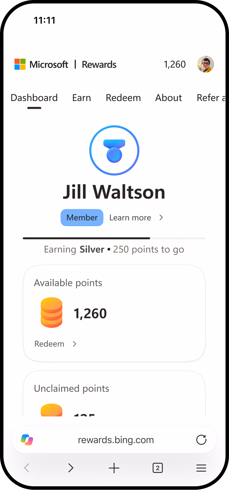 <p>Mockup of a smartphone screen showcasing the Microsoft Rewards program, highlighting the benefits of searching with Bing in Microsoft Edge on your phone.</p>
