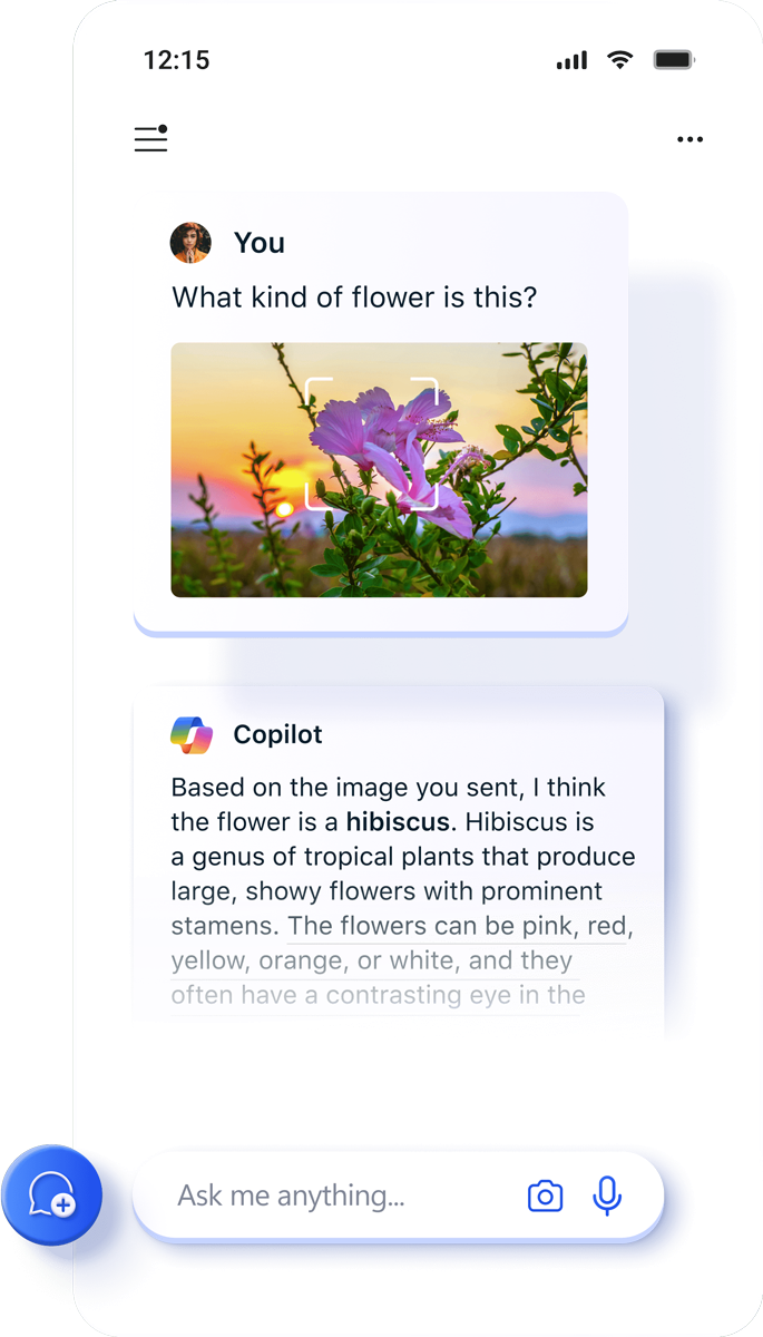Die Copilot-App zeigt eine Vorschau eines Bildes einer Blume an, die identifiziert wird.