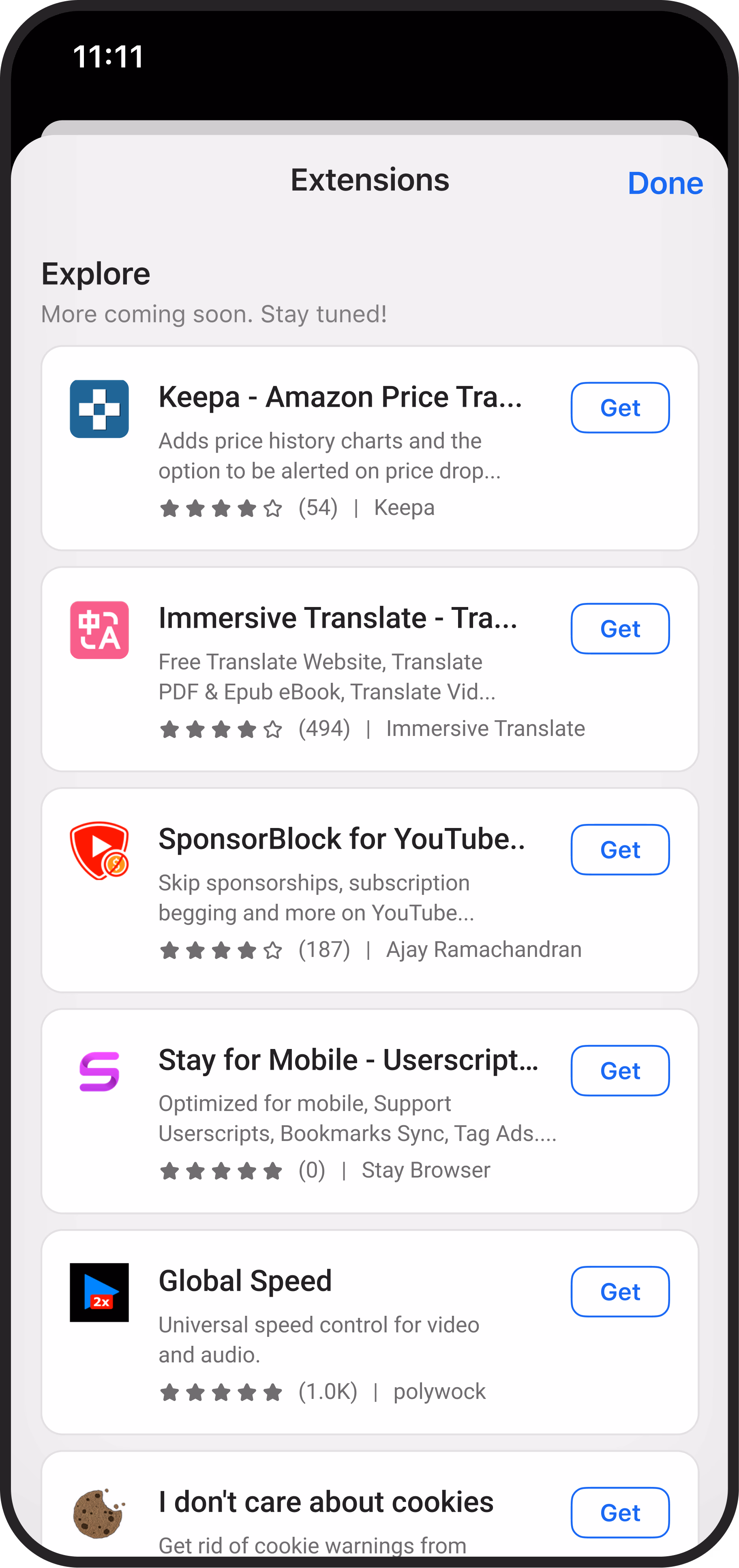 <p>Mockup of a smartphone screen showing the Extensions feature in Microsoft Edge, highlighting installed and recommended add-ons like Dark Reader, MetaMask, uBlock Origin and more.</p>