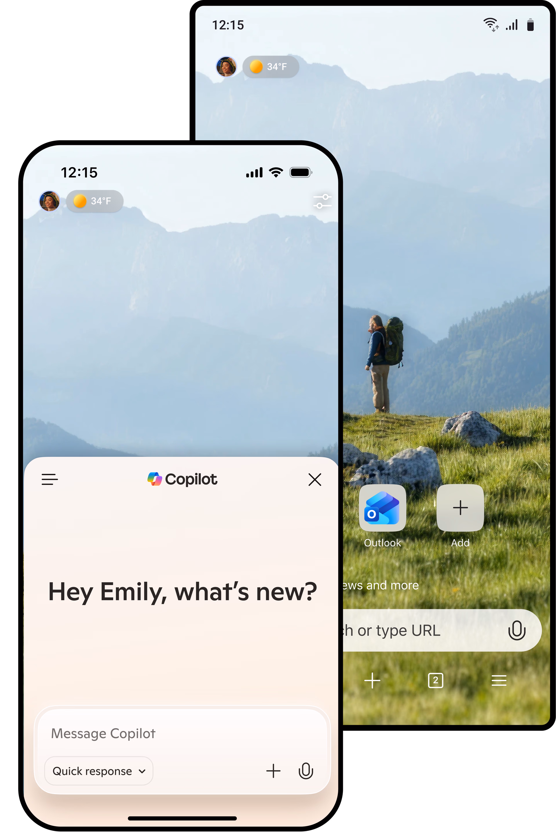 Microsoft Edge mobile app showing Copilot chat and home screen with a Bing Wallpaper mountain background.