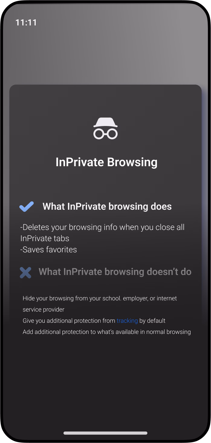 Microsoft Edge の InPrivate ブラウズ機能を示すモバイル画面のモックアップで、プライバシーと追跡に関して何をし、何をしないかを一覧表示します。