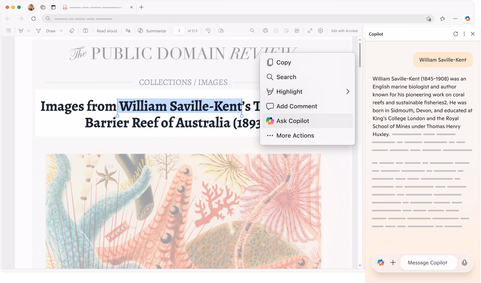 Microsoft Edge ブラウザー ウィンドウで PDF ドキュメントが開き、要約、Copilot アシスタンス、音声読み上げオプションのための AI 搭載ツールが表示されます。