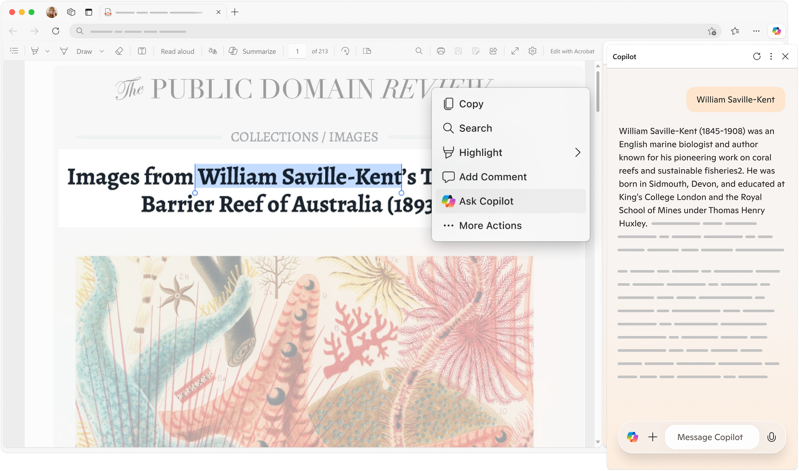 A Microsoft Edge browser window open to a PDF document with AI-powered tools for summarization, Copilot assistance, and read-aloud options.