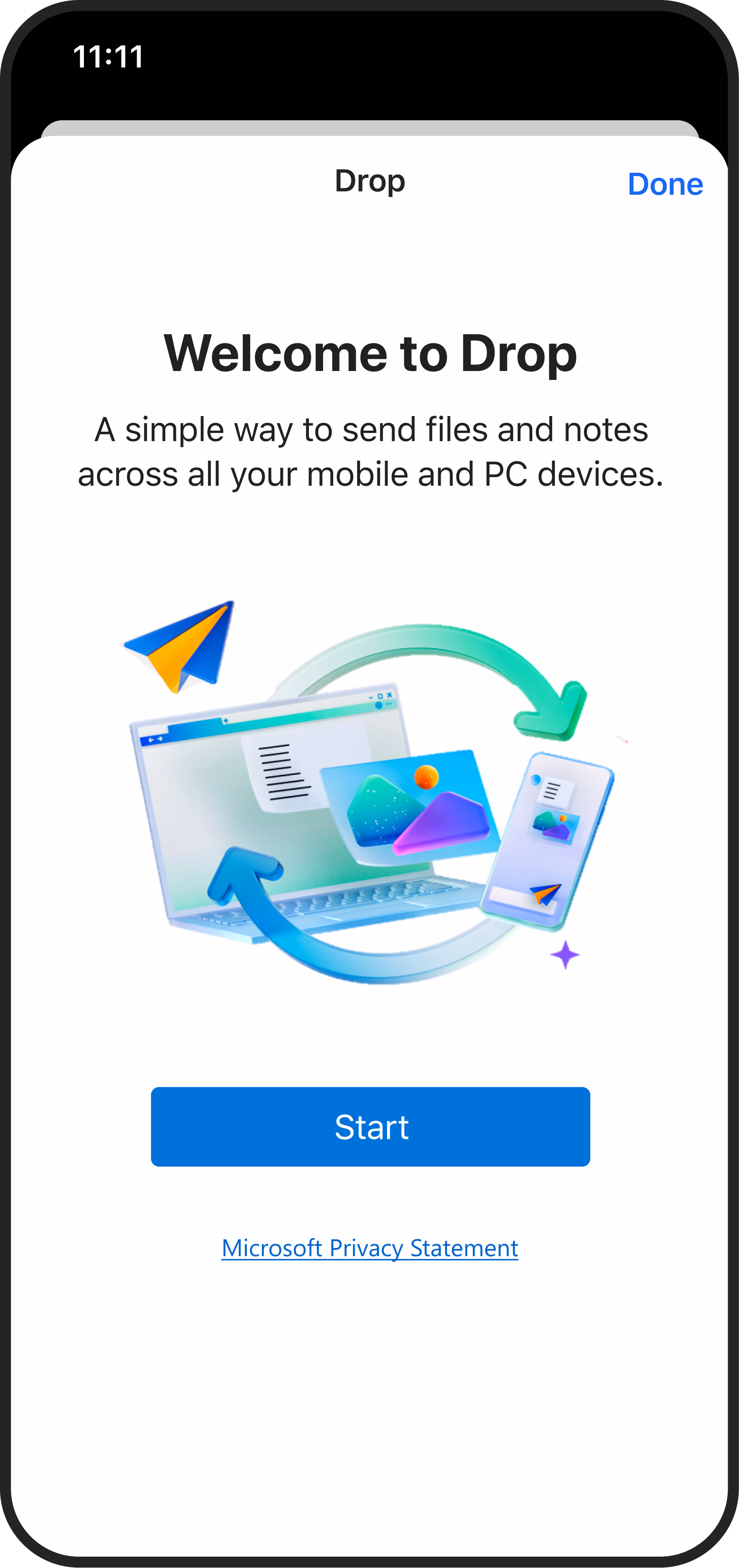 Mockup of a smartphone screen showcasing the Drop feature in Microsoft Edge, enabling seamless file and note sharing across devices.