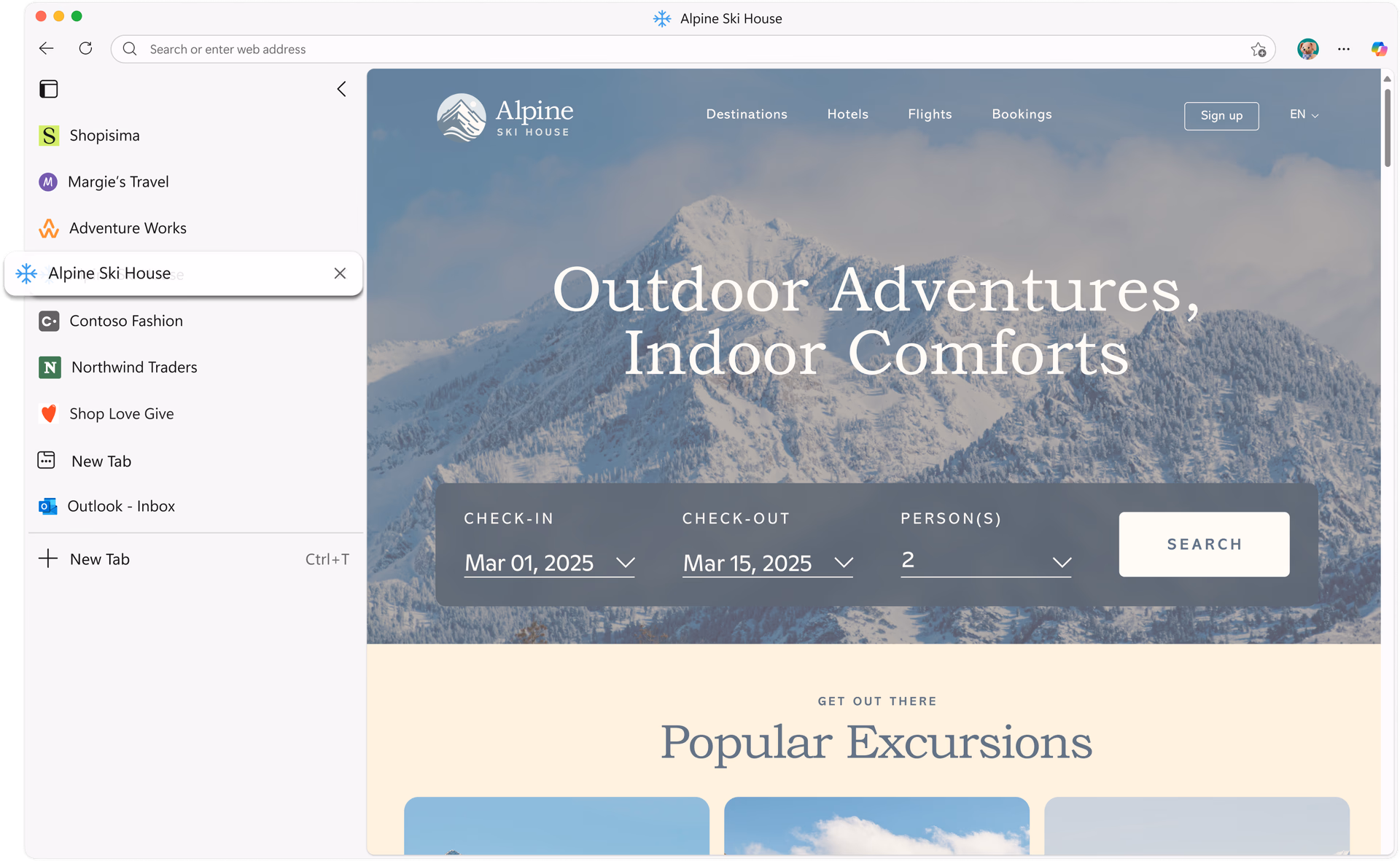 Microsoft Edge browser window showcasing vertical tabs on the left side, displaying an open website.
