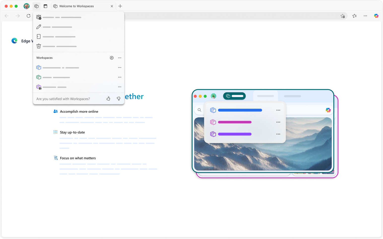 A Microsoft Edge browser window with the Workspaces feature open, showing different project categories for better organization.