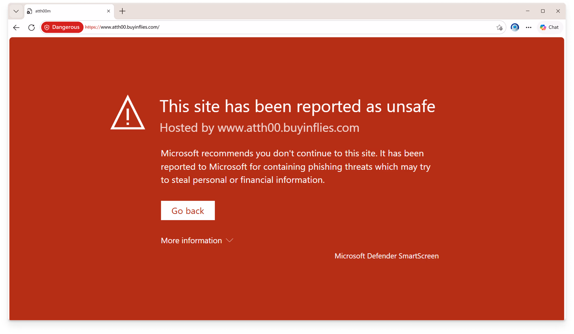 Microsoft Defender SmartScreen warning page in Microsoft Edge showing blocked site notification to protect against phishing and malicious content.