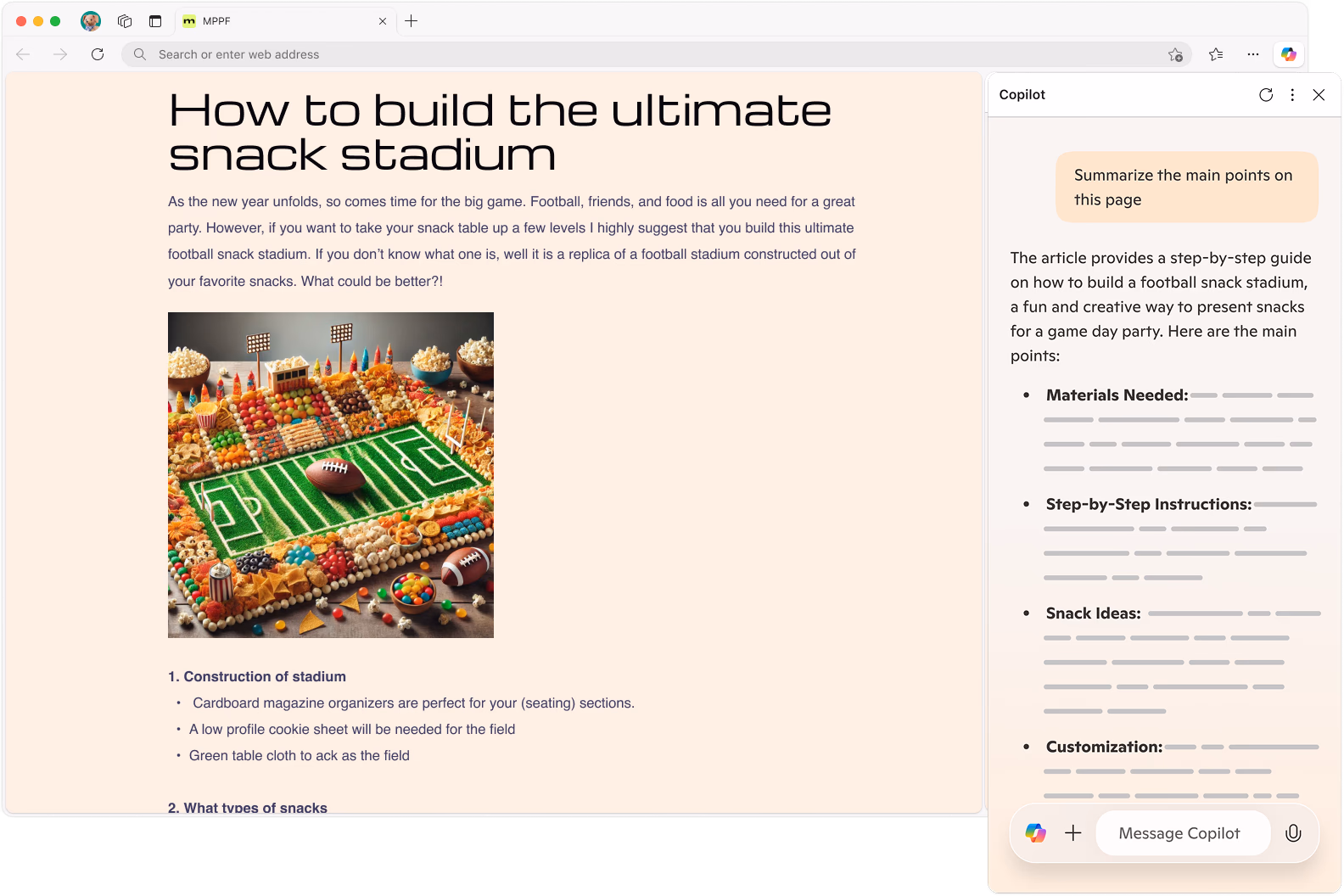 Microsoft Edge ブラウザーで、AI を活用した Copilot サイドバーで記事を表示し、提案と要約を提供します。