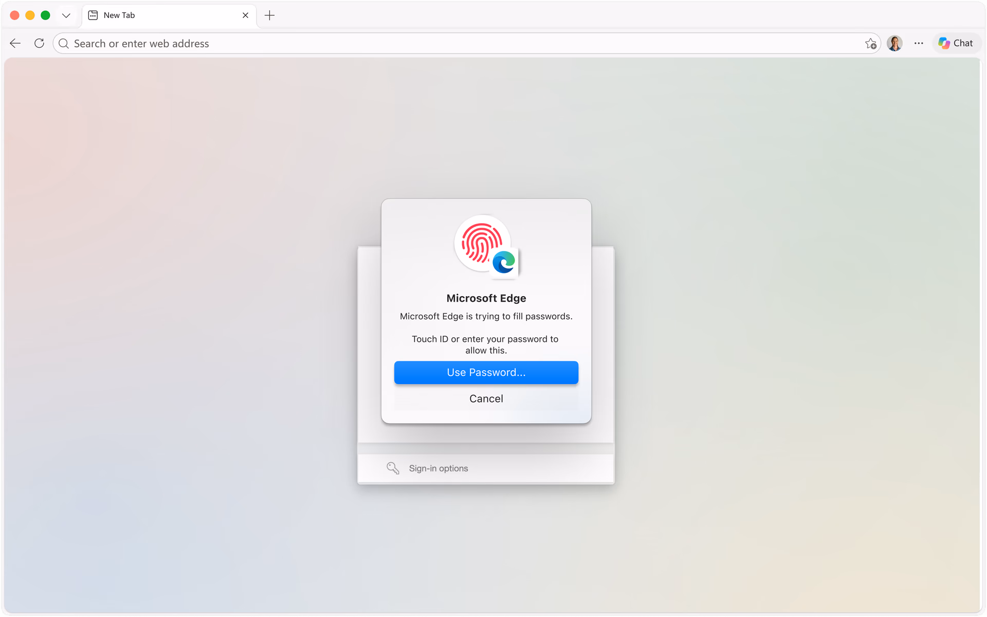 A Microsoft Edge pop-up window on macOS prompting the user to fill a saved password on a site log-in, with a blurred background.