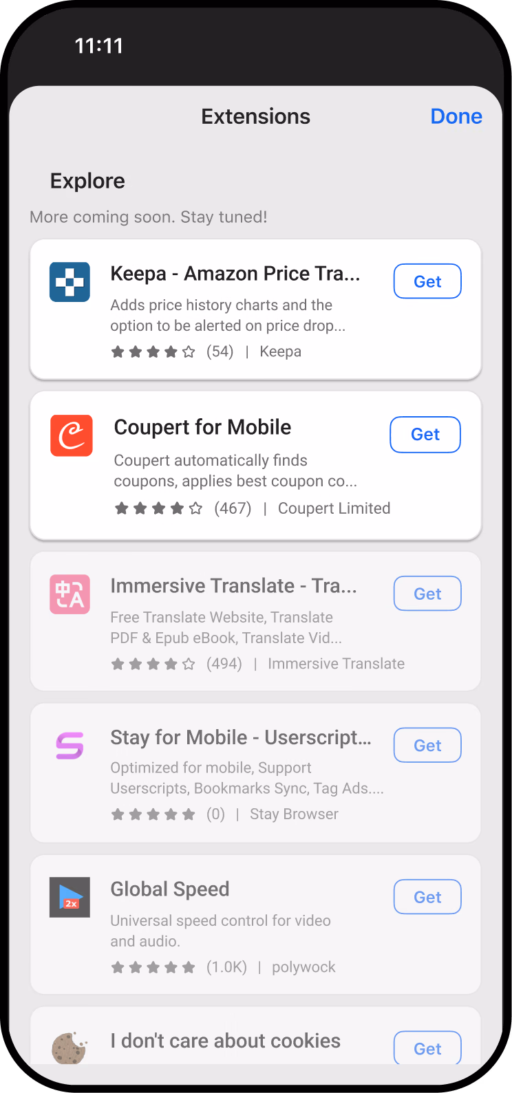 <p>Mockup of a smartphone screen showing the Extensions feature in Microsoft Edge, highlighting installed and recommended add-ons like Dark Reader, MetaMask, uBlock Origin and more.</p>