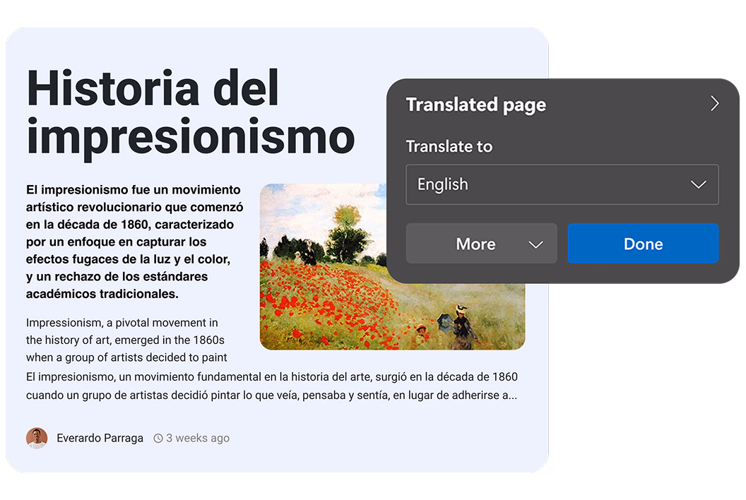 An image of the Edge translate featuring offering to translate text to English.
