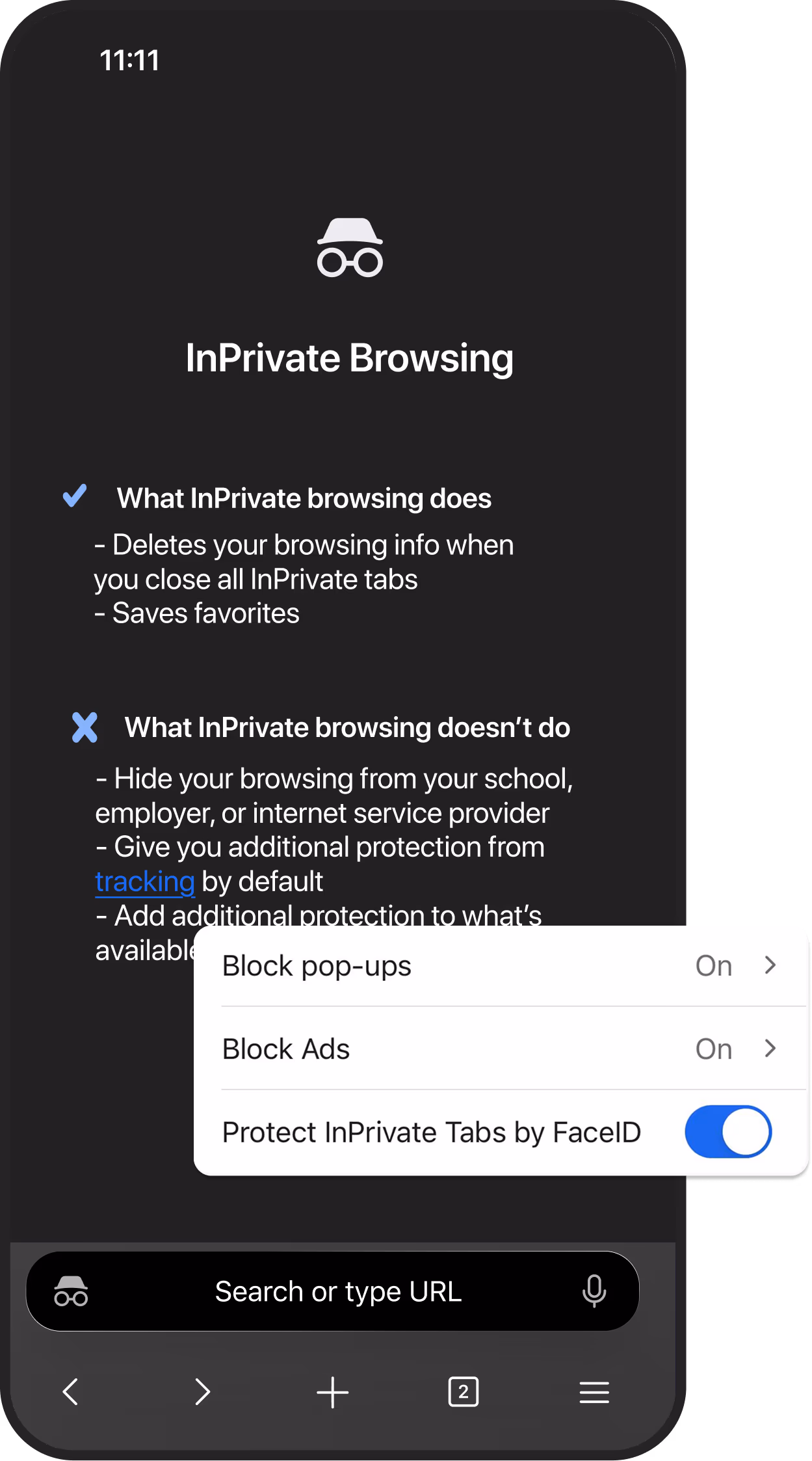 <p>Mockup of a smartphone screen displaying the InPrivate Browsing feature in Microsoft Edge, outlining its privacy and tracking capabilities.</p>