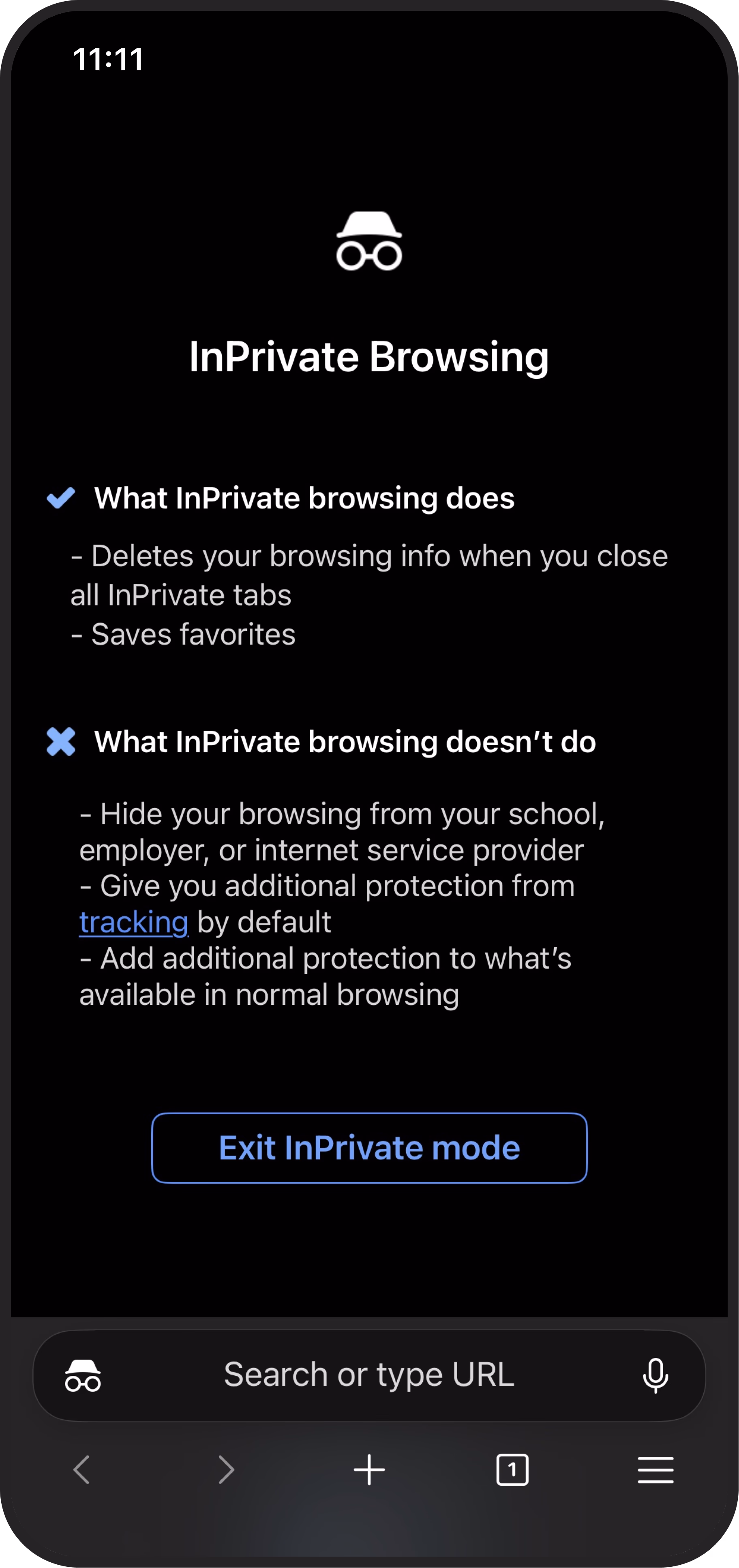 <p>Mockup of a smartphone screen displaying the InPrivate Browsing feature in Microsoft Edge, outlining its privacy and tracking capabilities.</p>