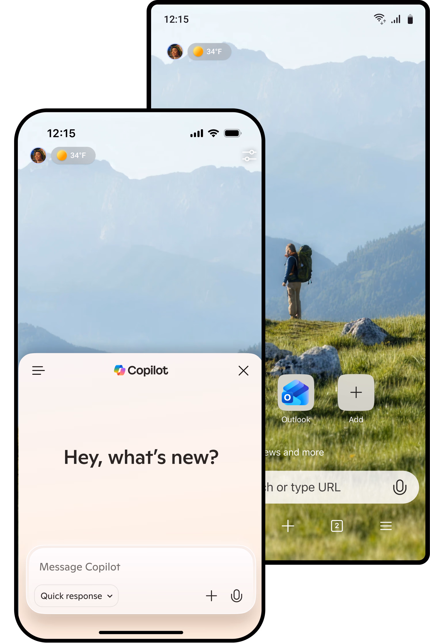 Microsoft Edge mobile app showing Copilot chat and home screen with a Bing Wallpaper mountain background.