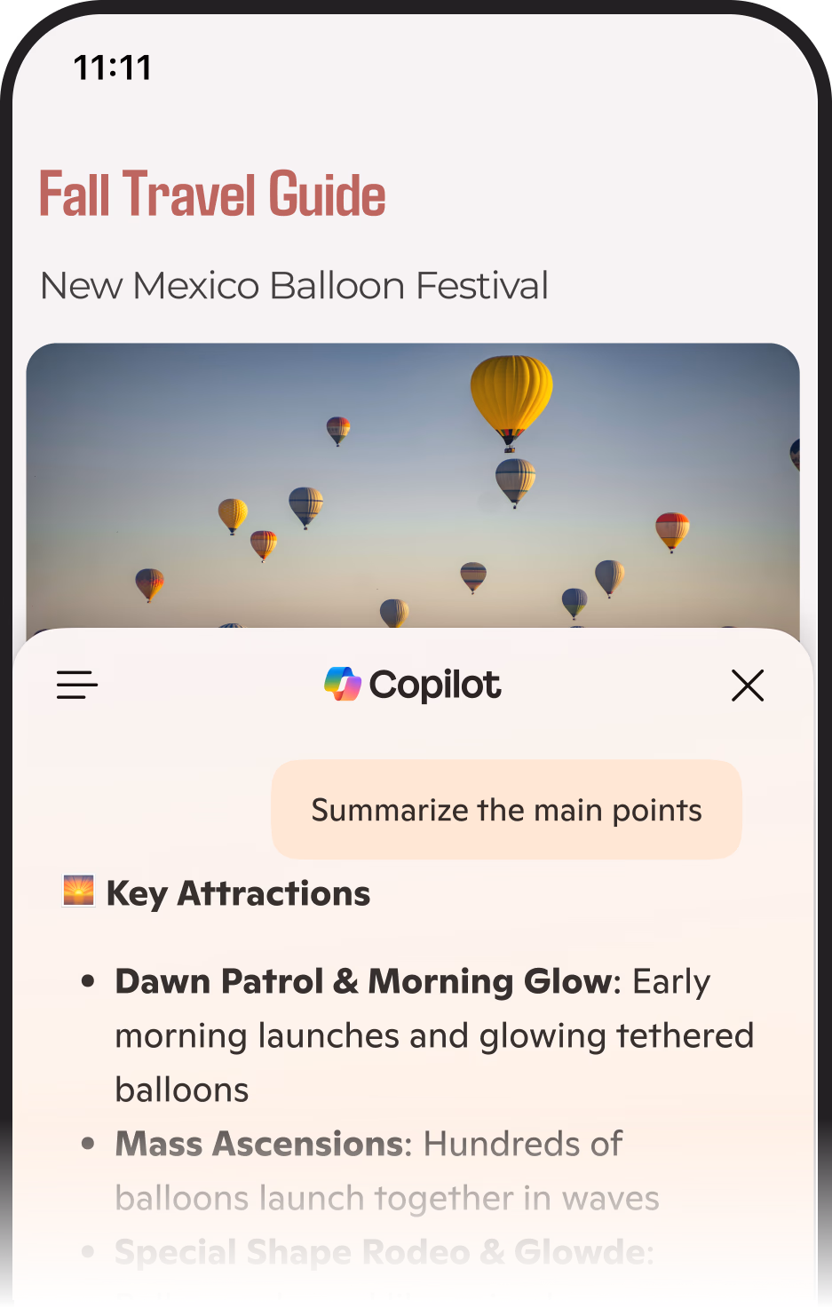 Microsoft Edge mobile app showing Copilot chat with a page summary of key points generated from an article.