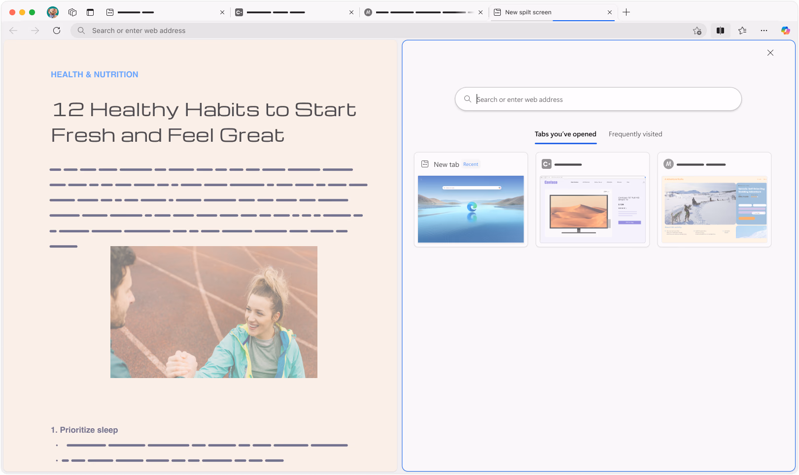 分割画面モードのMicrosoft Edgeブラウザーで、2つの異なるWebページを並べて表示します。