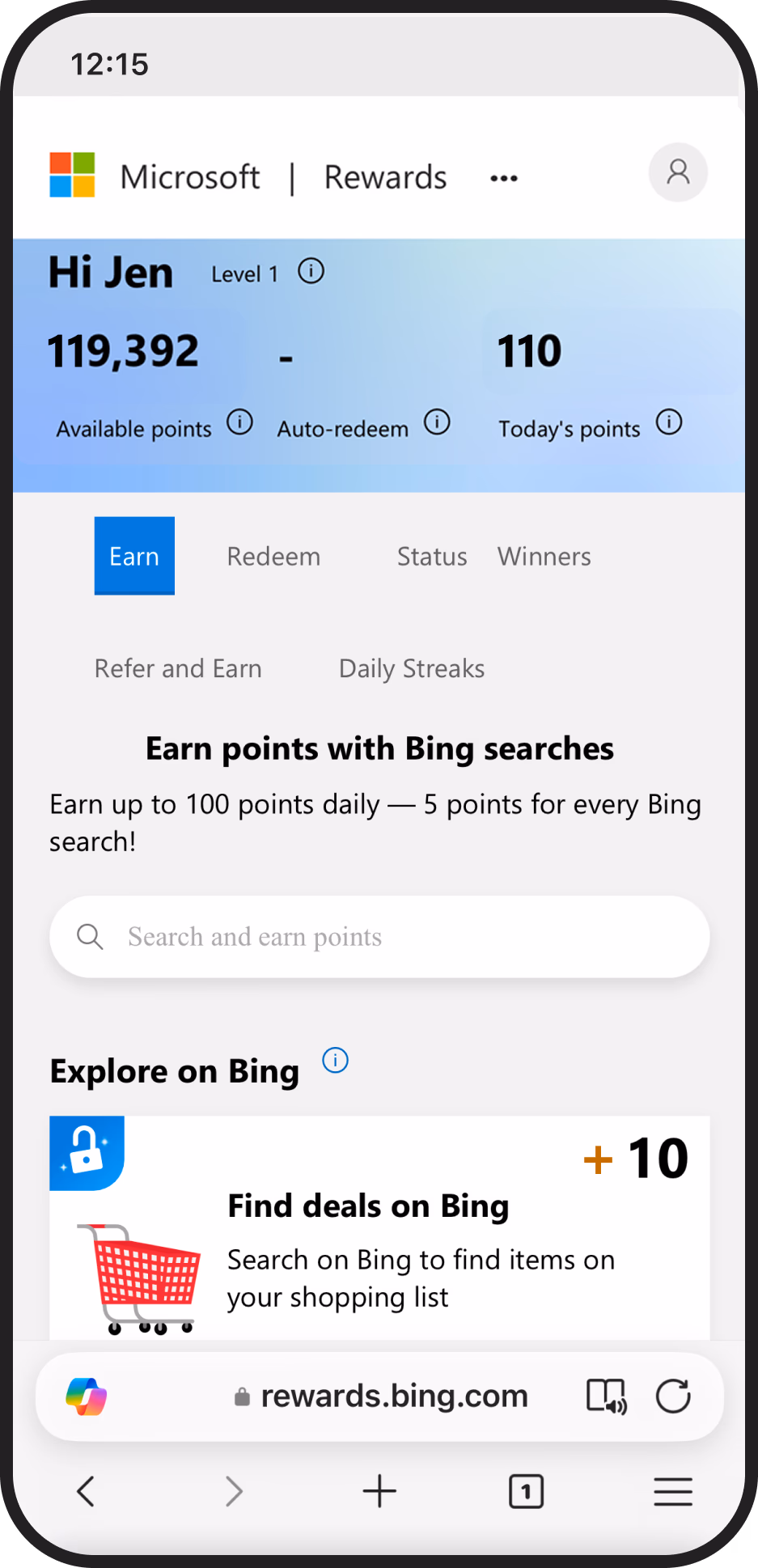<p>Maquette d’un écran de smartphone présentant le programme Microsoft Rewards, mettant en évidence les avantages de la recherche avec Bing dans Microsoft Edge sur votre téléphone.</p>