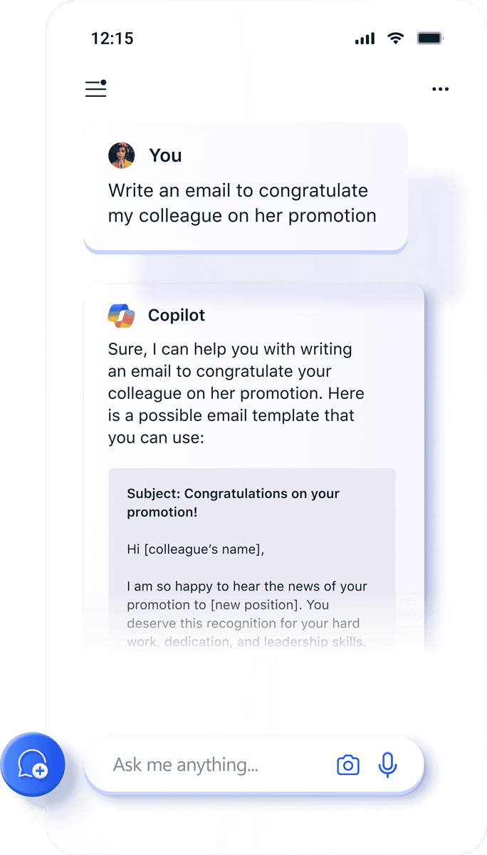 Copilot app previewing an email being drafted using AI.