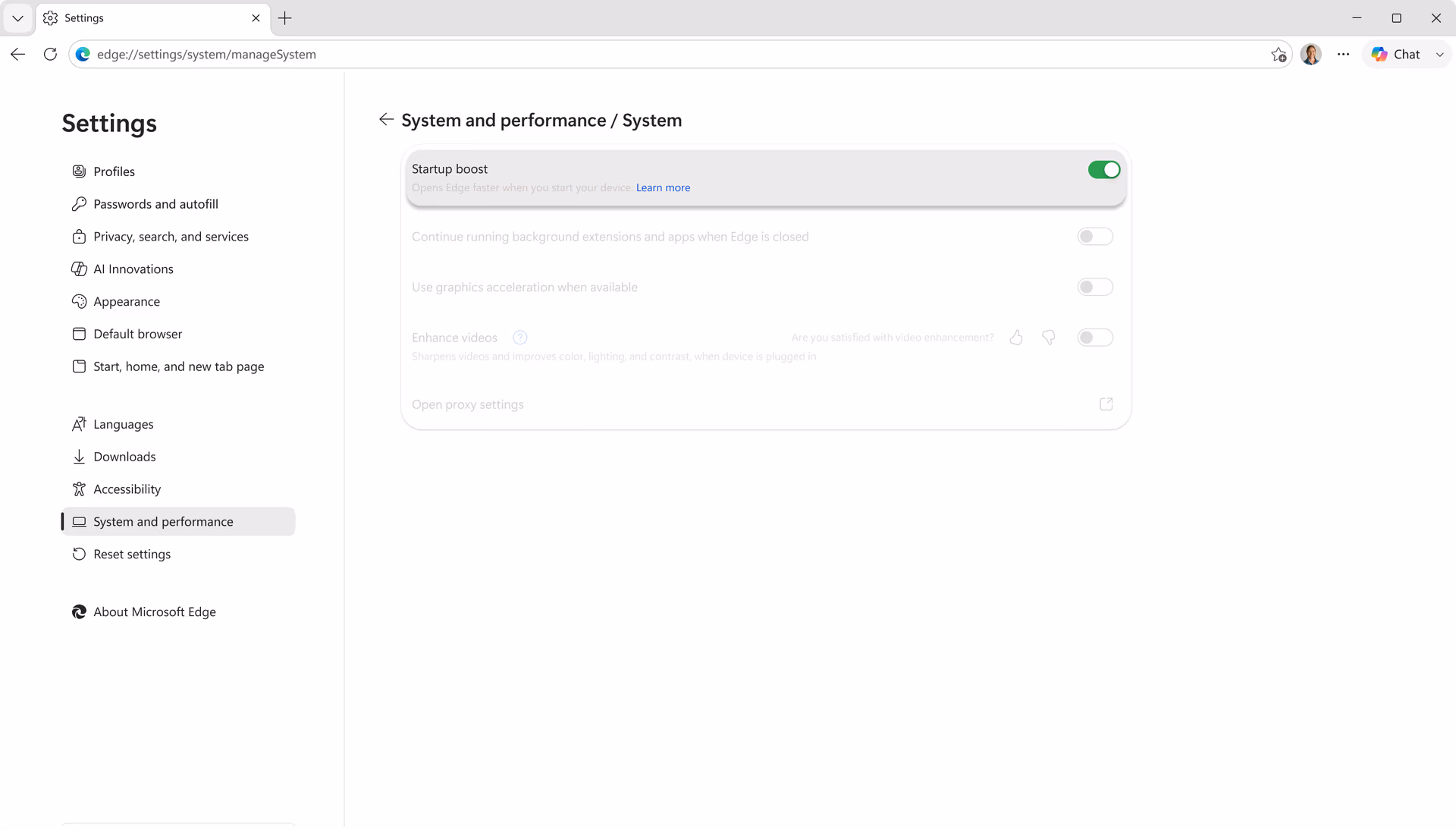 Microsoft Edge settings screen showing the Startup boost option turned on.