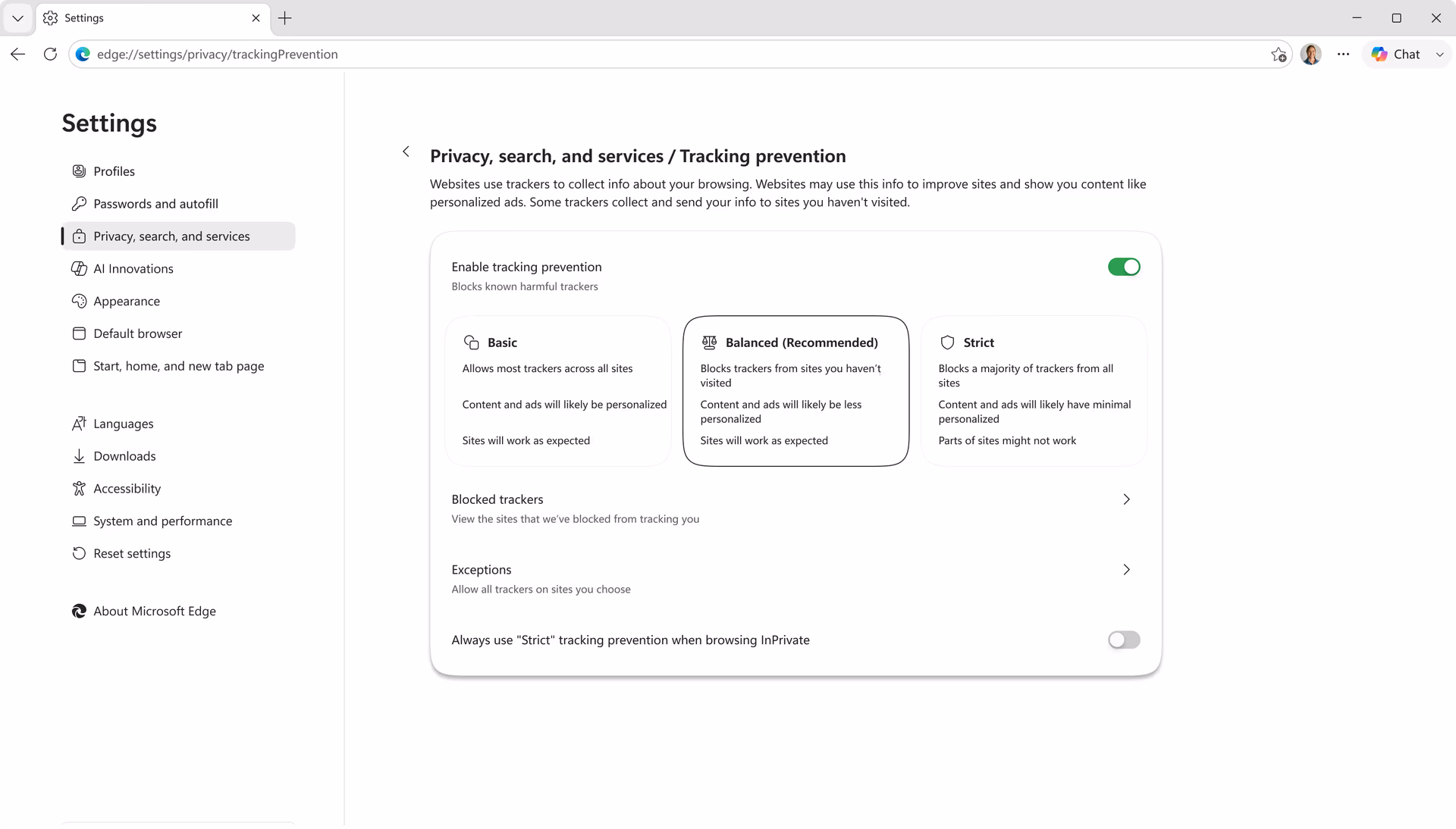 Microsoft Edge tracking prevention settings set to the Balanced level.