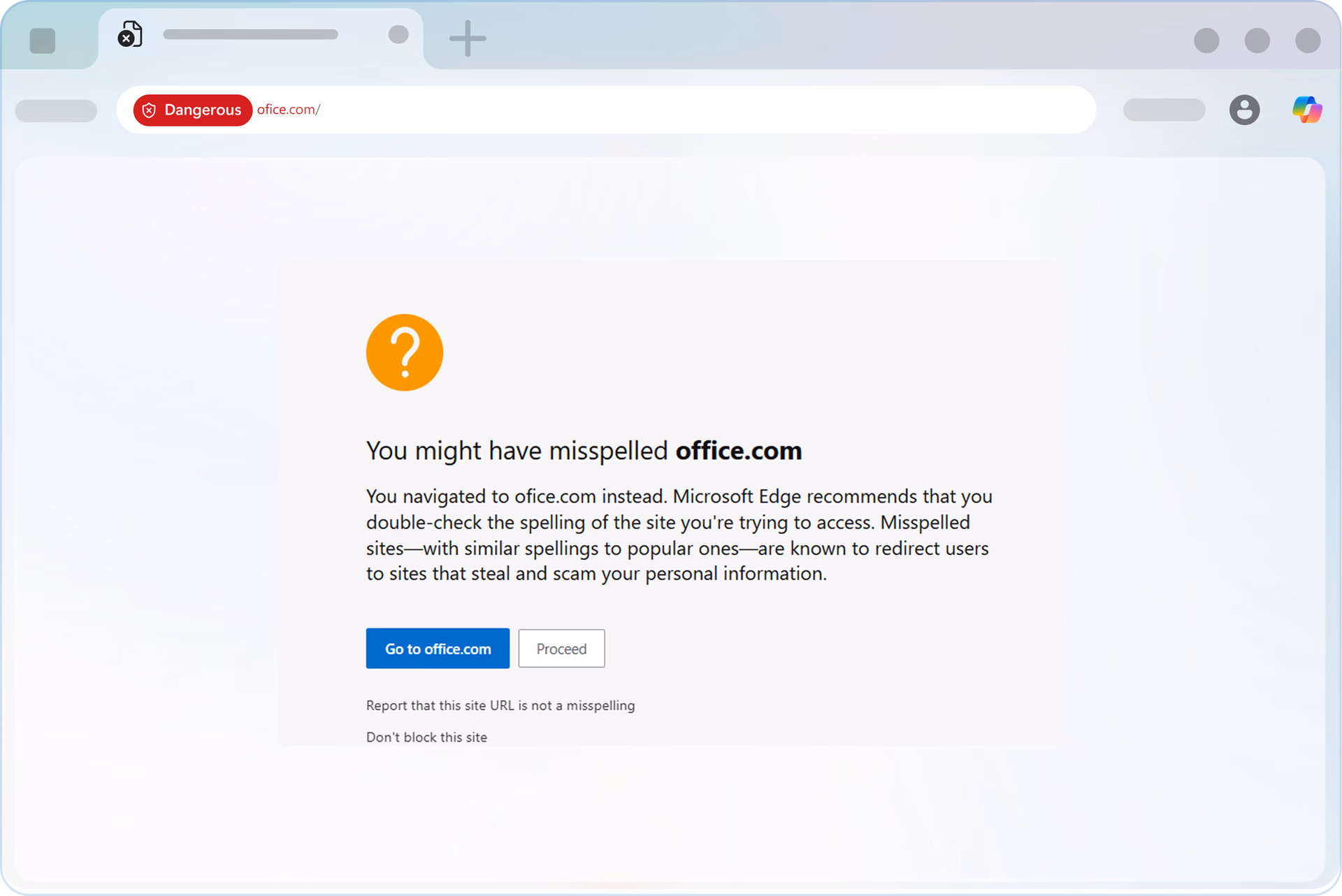Microsoft Edge Website Typo Protection feature alerting users to a potentially deceptive URL “ofice.com” with a warning label and options to navigate safely to the correct site “office.com”.