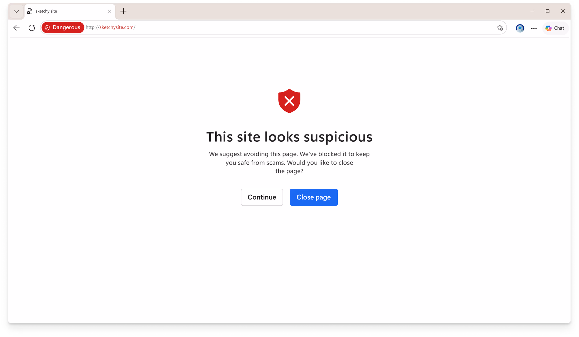 An image of Scareware blocker blocking a website in Microsoft Edge