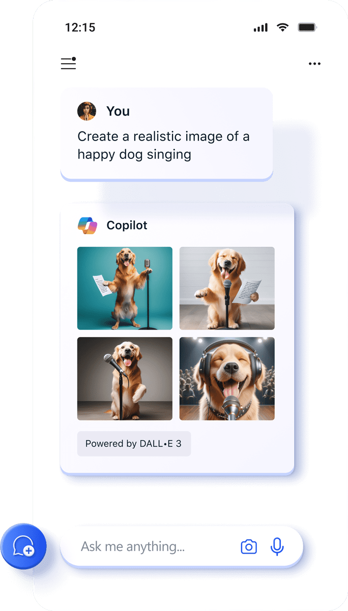 Copilot-app die een voorbeeld van hondenafbeeldingen bekijkt die worden gemaakt met behulp van AI.