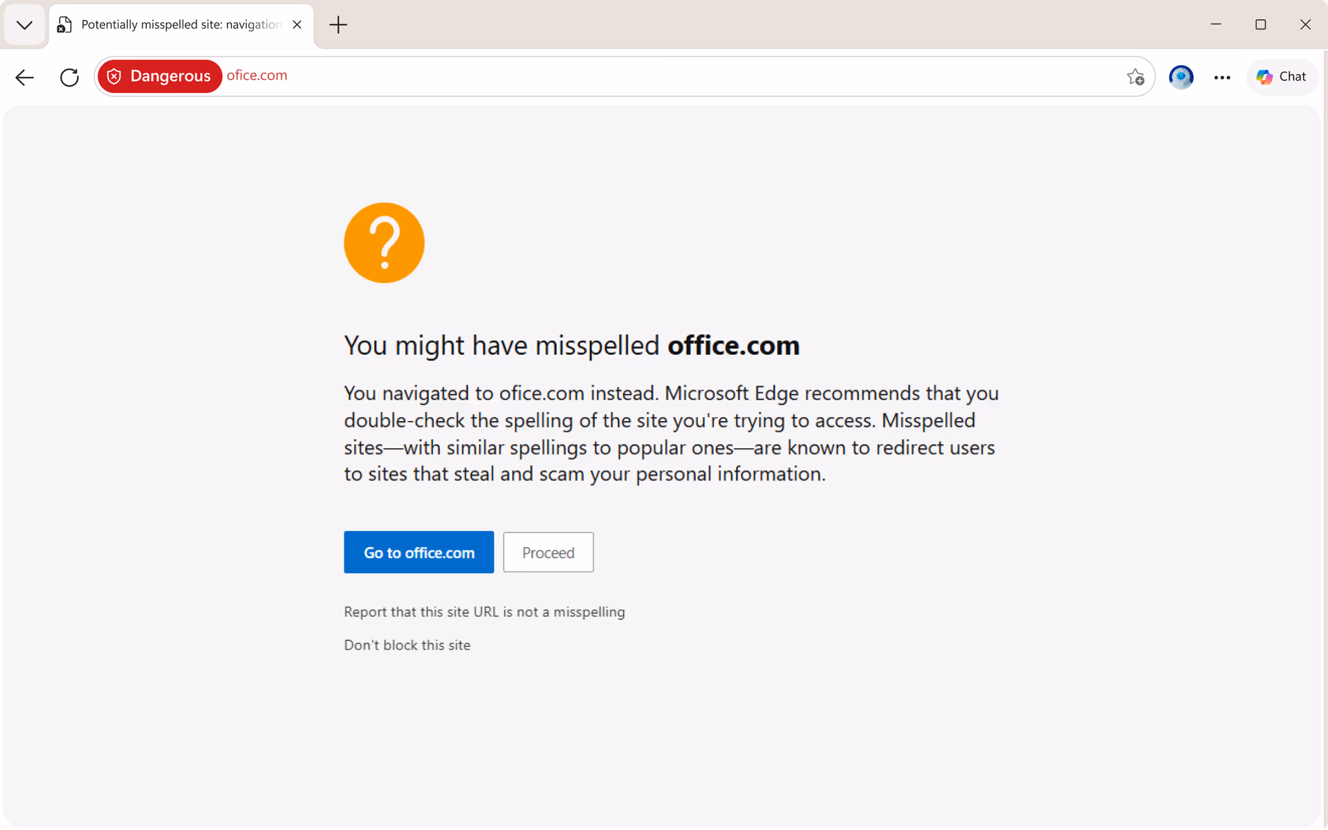 Microsoft Edge Website Typo Protection feature alerting users to a potentially deceptive URL “ofice.com” with a warning label and options to navigate safely to the correct site “office.com”.