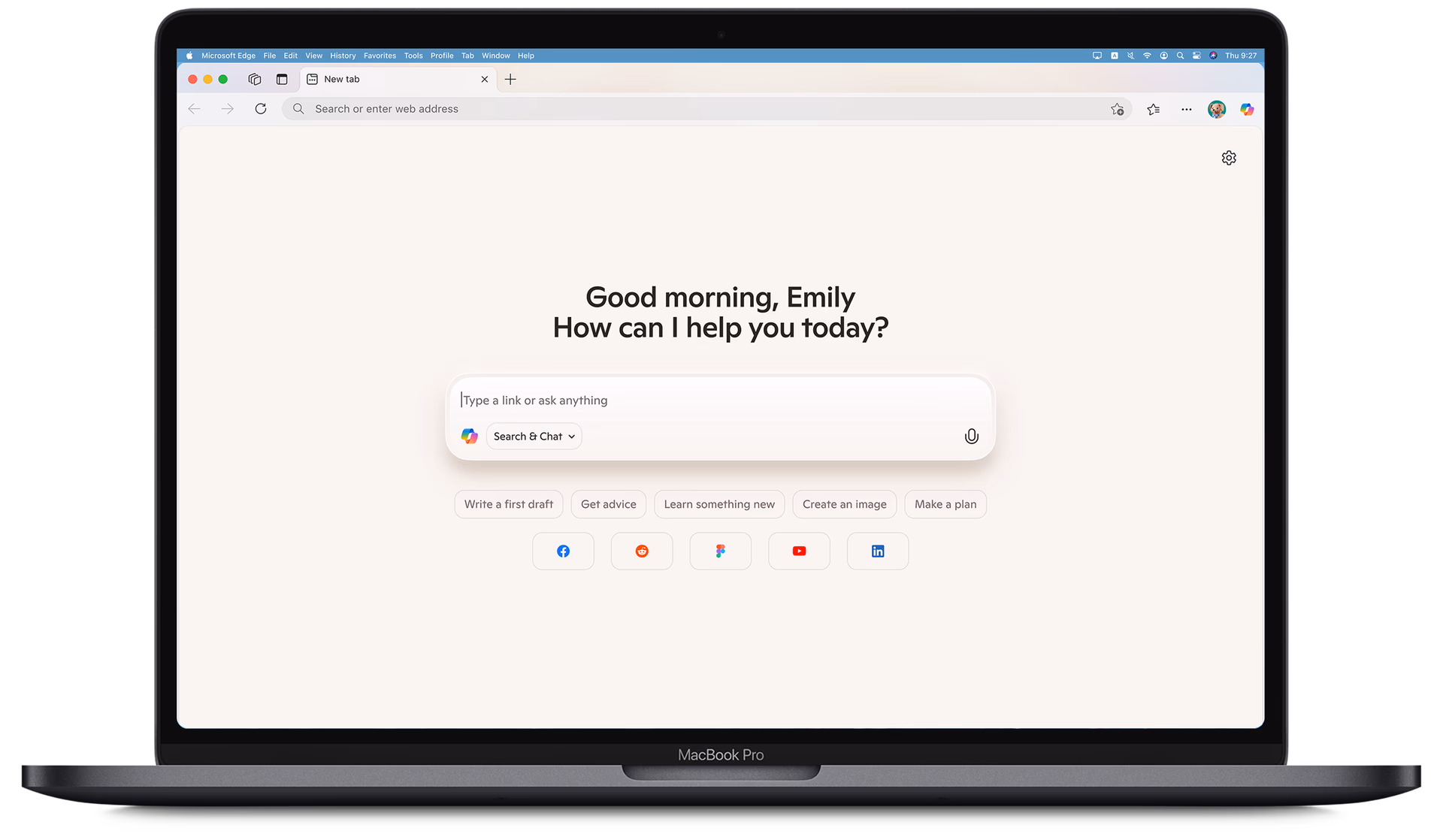 A MacBook displaying Microsoft Edge with the default homepage, featuring the Edge logo and the search bar.
