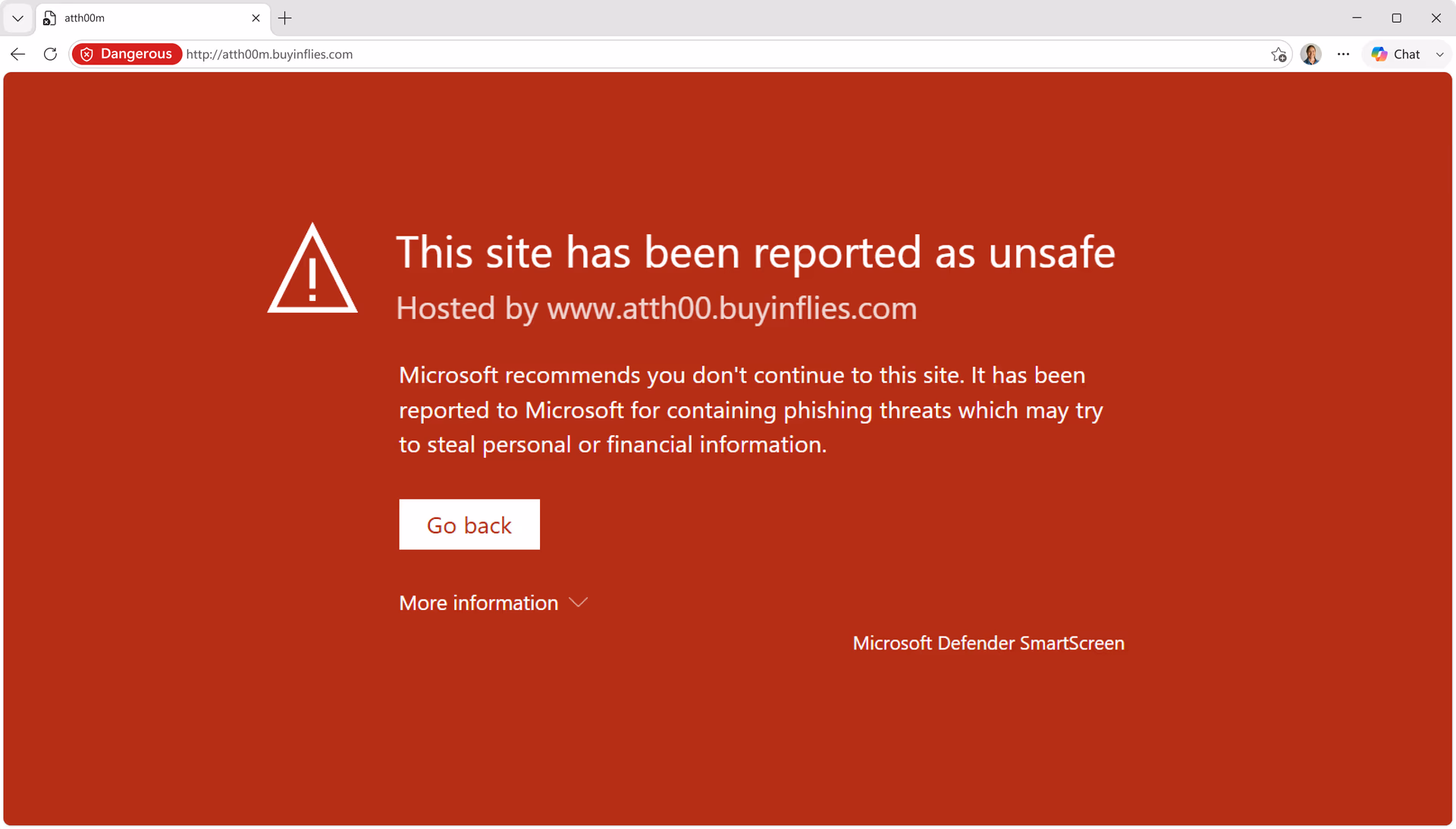 Microsoft Defender SmartScreen warning page in Microsoft Edge showing blocked site notification to protect against phishing and malicious content.