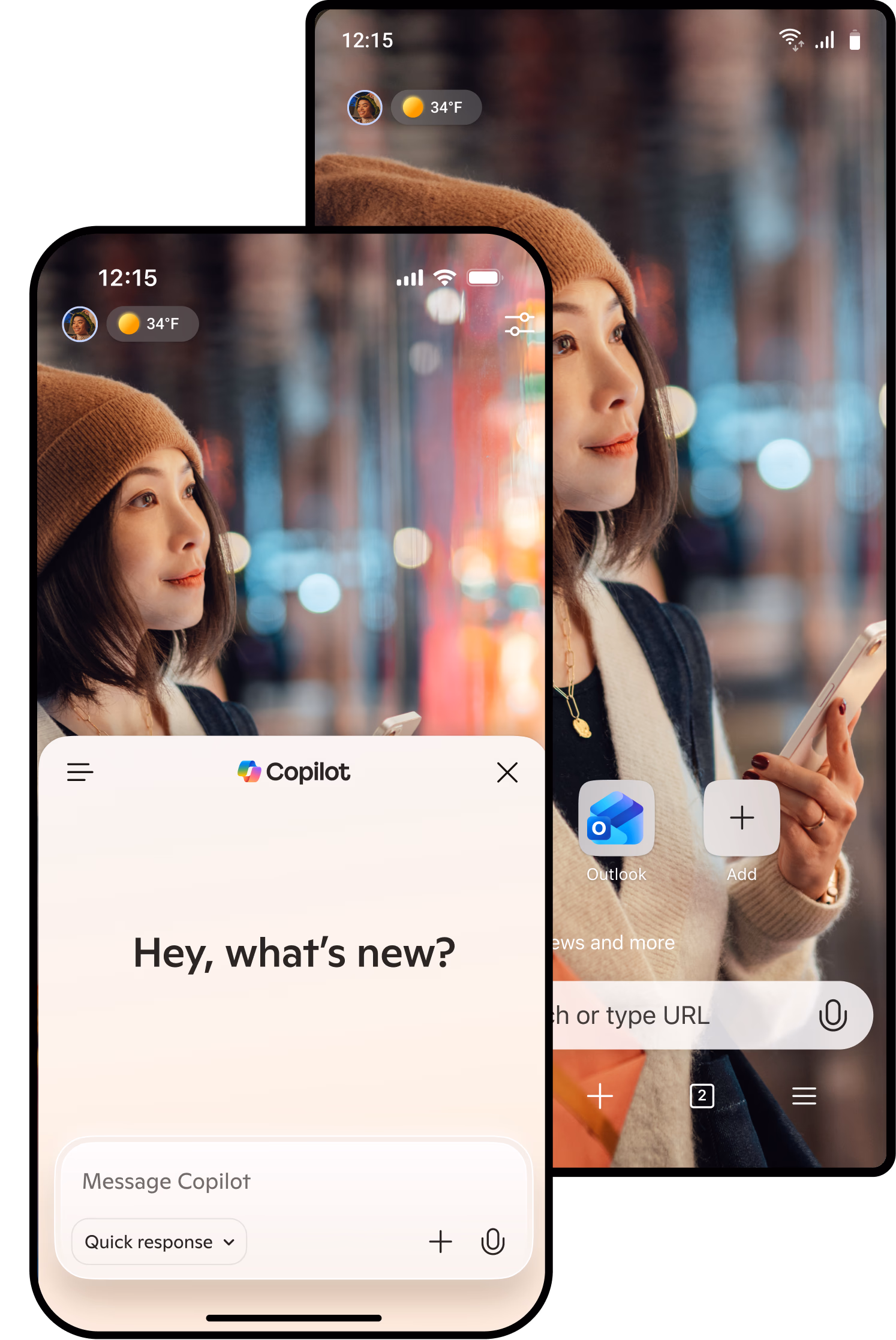 Microsoft Edge mobile app showing Copilot chat and home screen with a Bing Wallpaper mountain background.