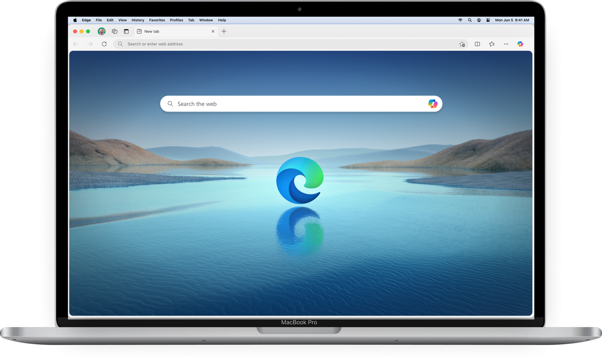 Um MacBook exibindo o Microsoft Edge com a página inicial padrão, com o logotipo do Edge e a barra de pesquisa.